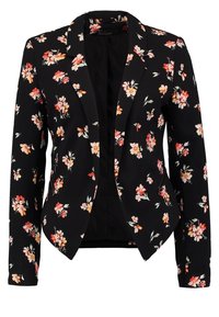 Květinový blazer z černé látky s klasickým klopovým límcem, živými oranžovými a růžovými květy a vypasovanými dlouhými rukávy bez zapínání.