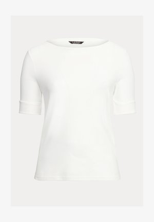 Top blanco ajustado con escote barco, mangas cortas con puños y un tejido suave y liso. Diseño sencillo sin patrones ni adornos.