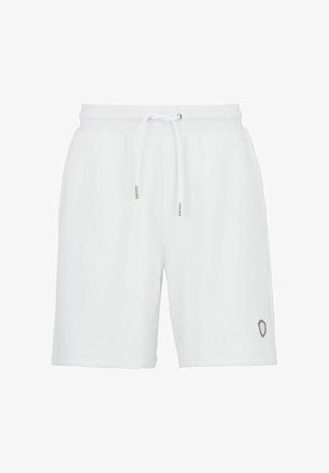 Witte shorts gemaakt van zachte stof, met een elastische tailleband en een trekkoord, en een klein geborduurd schildlogo aan de onderzijde.