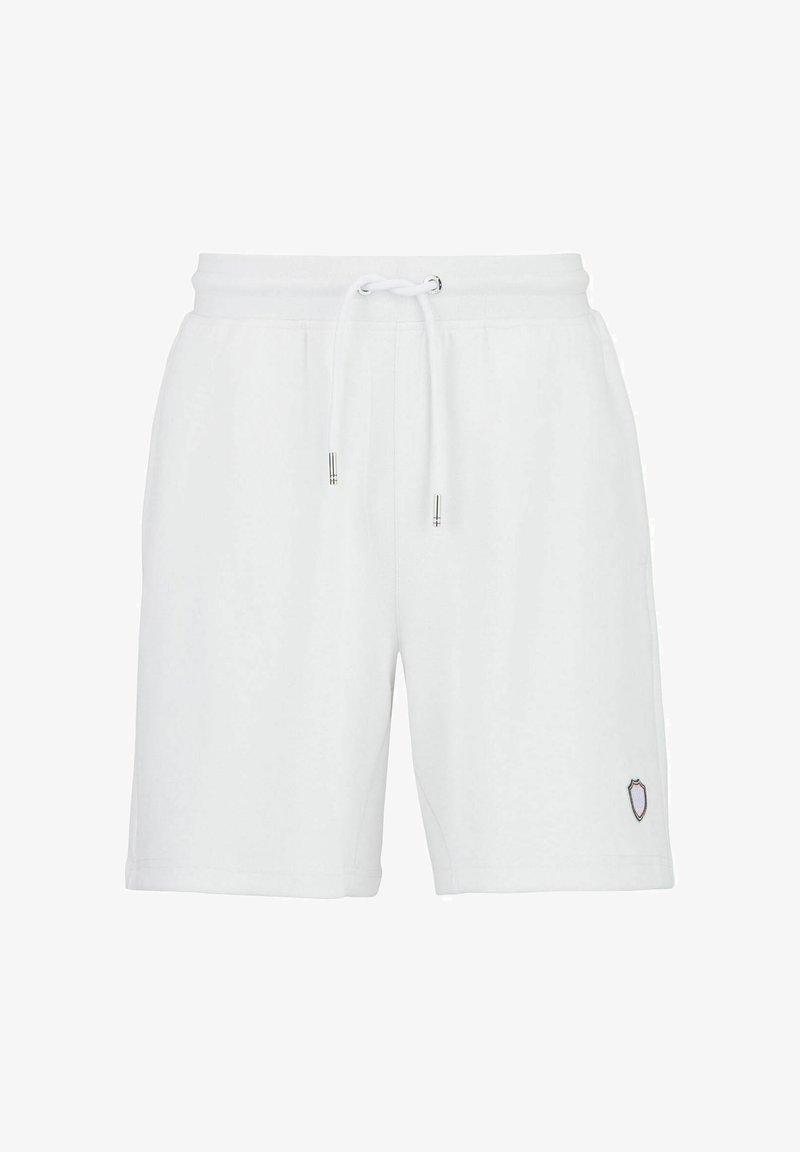 Weiße Shorts aus weichem Stoff, ausgestattet mit einem elastischen Bund und Kordelzug sowie einem kleinen gestickten Wappenlogo an der unteren Seite.