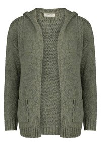 Vihreä neulottu hupparikardigan, jossa on teksturoitu kuvio, resorireunaiset hihansuut, kaksi etutaskua ja avoin edessä oleva malli.