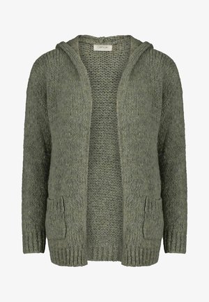Cardigan en maille verte avec capuche, présentant un motif texturé, des poignets côtelés, deux poches frontales et un design ouvert sur le devant.
