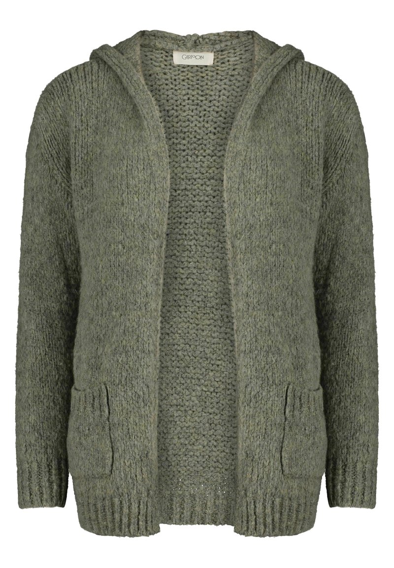 Vihreä neulottu hupparikardigan, jossa on teksturoitu kuvio, resorireunaiset hihansuut, kaksi etutaskua ja avoin edessä oleva malli.