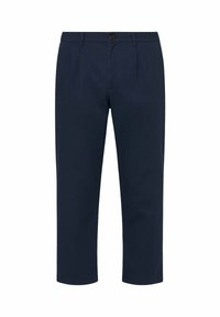 Pantaloni corti blu navy con chiusura a bottone, due pince frontali, tessuto di cotone liscio e taglio dritto all'orlo.