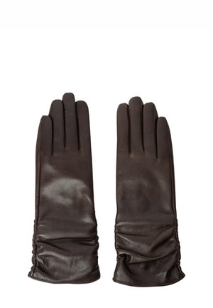 Bruine leren handschoenen met een gladde textuur, voorzien van een geraffineerd polsontwerp en vijf langgerekte vingers voor handbedekking.