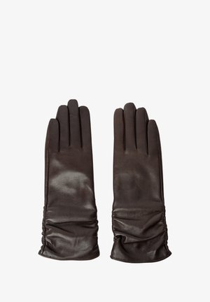 Brown leather gloves with a smooth texture, featuring a gathered wrist design and five elongated fingers for hand coverage.