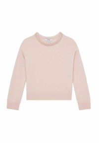Hellrosa Pullover aus weichem Stoff mit einem verzierten Ausschnitt, langen Ärmeln sowie gerippten Bündchen und Saum für eine körpernahe Passform.