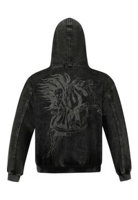 Black denim hoodie with a full back print of a skull riding a horse. Features a drawstring hood, ribbed cuffs, and waistband.