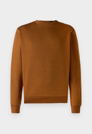 Hnědá mikina s kulatým výstřihem, která má měkkou texturu, žebrované manžety a lem. Jednoduchý design, bez vzorů nebo akcentů, vyrobena z odolného materiálu.