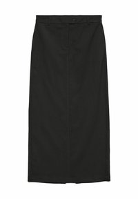 Jupe midi noire avec un motif de fines rayures, coupe droite, taille avec passants de ceinture et fermeture à boutons sur le devant.