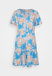 Robe bleue à manches courtes avec décolleté en V, boutons sur le devant, taille empire et motif de feuilles de palmier beige.