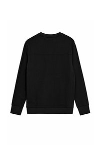 Schwarzes Sweatshirt mit langen Ärmeln, Rundhalsausschnitt und strukturiertem Stoff. Mit einer horizontalen Naht-Detailierung über dem oberen Rücken.