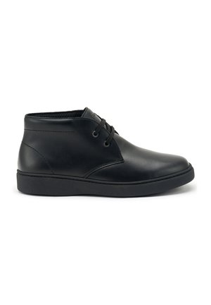 Stivaletti neri in pelle con una texture liscia, punta rotonda e design con lacci. Suola in gomma con minima battistrada e dettagli di cucitura discreti.