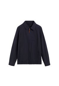 Veste légère bleu marine avec col, fermeture éclair, poches latérales et ourlet élastique. Tissu lisse avec détails de coutures minimales.