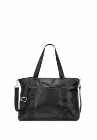 Czarna torba na ramię wykonana z wytrzymałego nylonu, z dwoma uchwytami u góry i odczepianym paskiem na ramię. Gładka tekstura o minimalistycznym designie.