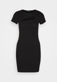 Robe bodycon noire à manches courtes et côtelées avec un détail découpé asymétrique au niveau de la poitrine.