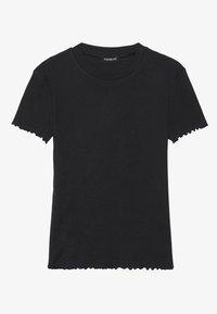 Black ribbed T-shirt with a round neckline and short sleeves. Features scalloped edges on sleeves and hem. Material is soft and textured.