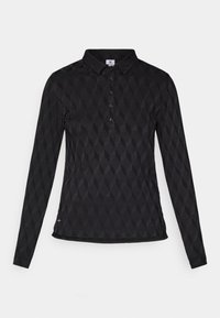 Čierna polo košeľa s dlhými rukávmi, textúrovaným diamantovým vzorom, gombíkovou légou a golierom, s rovnomerným lemovaním.
