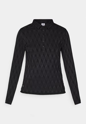 Polo shirt nero a maniche lunghe con un motivo a diamante testurizzato, patta con bottoni e collo, caratterizzato da un orlo dritto.