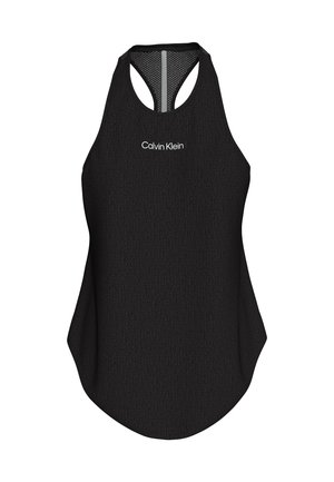 Débardeur noir Calvin Klein sans manches avec design dos nageur et logo blanc centré sur la poitrine.
