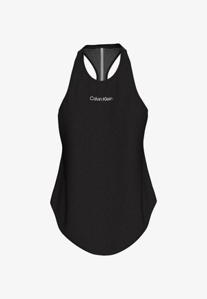 Débardeur noir Calvin Klein sans manches avec design dos nageur et logo blanc centré sur la poitrine.