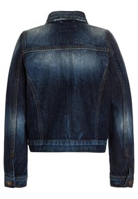 Denim jacket featuring a dark blue color, classic collar, and a slightly distressed texture, with buttoned cuffs and a straight back design.