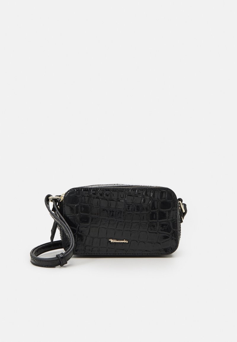 Black crossbody bag made of glossy faux leather with a crocodile texture. Features a detachable strap and a zippered closure. Gold hardware accents.