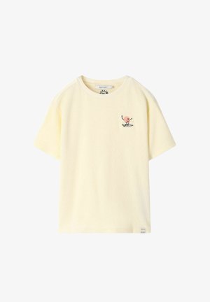 Cremefarbiges Kurzarm-T-Shirt aus Frottee mit einer kleinen, gestickten lachenden Sonne auf der linken Brust und einem runden Ausschnitt.