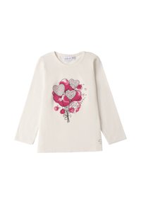 Langärmliges cremefarbenes T-Shirt mit einem Design aus rosa und schwarzem Ballon, verziert mit herzförmigen Umrissen in Schwarz und einem dezenten dekorativen Akzent.