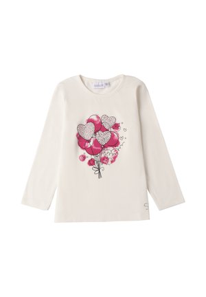 T-shirt a maniche lunghe di colore crema con un design di palloncini rosa e neri, decorato con cuori contornati in nero e un accento decorativo sottile.