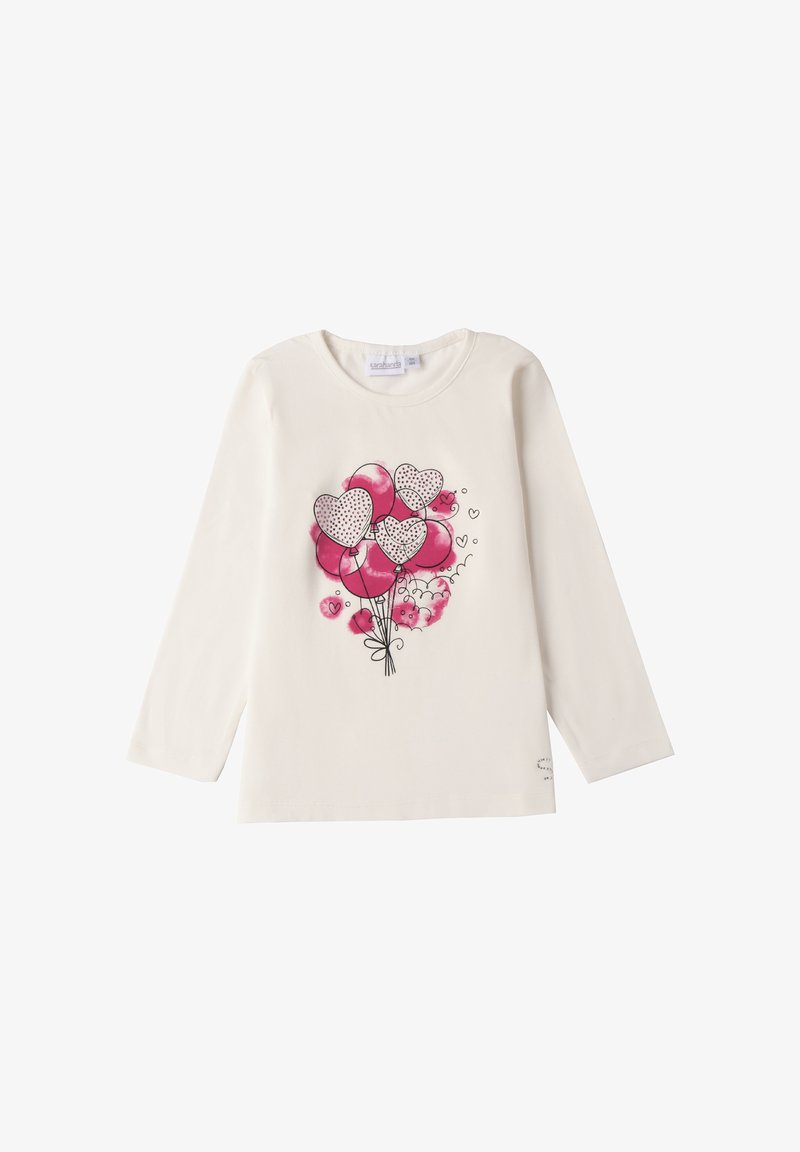 Langärmliges cremefarbenes T-Shirt mit einem Design aus rosa und schwarzem Ballon, verziert mit herzförmigen Umrissen in Schwarz und einem dezenten dekorativen Akzent.