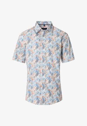 Kurzarmhemd mit einem hellen Hintergrund, der blau-orange und schwarze Blumen- und Spiralmuster zeigt. Knopfleiste vorne mit einem normalen Kragen.