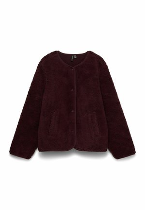 Veste en polaire bordeaux foncé avec encolure ronde, manches longues, boutons-pression à l'avant et deux poches avant, posée à plat sur fond blanc.