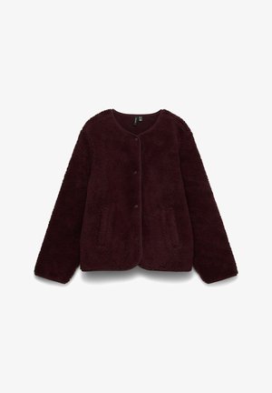 Mørk burgunder fleecejakke med rund hals, lange ermer, trykknapper foran og to fremre lommer, lagt flatt på hvit bakgrunn.