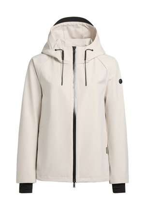 Lys beige vandtæt jakke med hætte, med frontlynlås, sorte accenter og elastiske manchetter. Glat stof med et minimalistisk design.