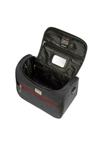 Borsa di stoffa grigia con una zip rossa, dotata di un ampio interno con più scomparti e una finestra trasparente per l'ID.