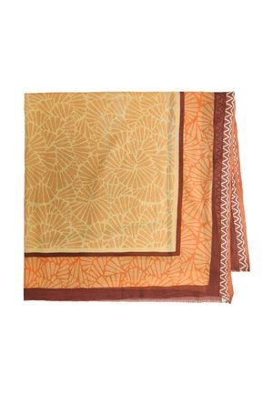 Rectangular scarf with overlapping fan-shaped patterns in beige and orange, bordered by brown and white zigzag designs on the edges.