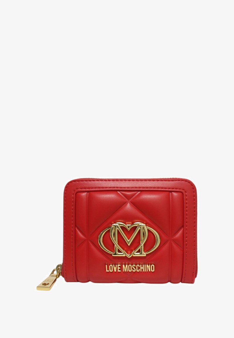 Portafoglio rosso trapuntato in pelle con emblema d'oro "M", zip dorata e finitura testurizzata con forme a diamante.