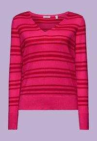 Rosa gestrickter Pullover mit V-Ausschnitt, versehen mit dunkelrosa horizontalen Streifen. Lange Ärmel und gerippte Bündchen verleihen dem Design Struktur.