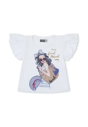 Top blanco de manga corta con volantes en las mangas, con una mujer con gafas de sol sosteniendo una bolsa de playa y el texto "Estoy de buen humor hoy."