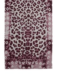 Lekki szalik z bordowym i kremowym wzorem w panterę, z diamentowymi akcentami wzdłuż krawędzi oraz frędzlami.