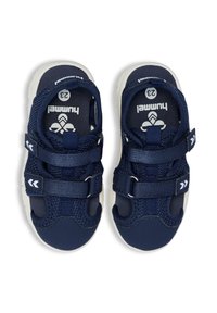 Navy blue children's sandals with mesh upper, two adjustable straps, white sole, and logo on the insole. Size 23 indicated.