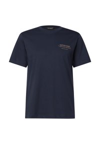 Mörkblå bomullströja med korta ärmar, rundad halsringning och en liten guldig textdetalj på vänster framdel. Enkel, klassisk design.