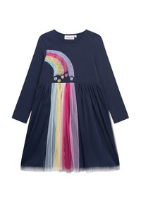 Langärmliges navy blaues Kleid mit einem Pailletten-Regenbogen-Design und einem gestuften Tüllrock in hellblauen, pinken, gelben und lila Farbtönen.