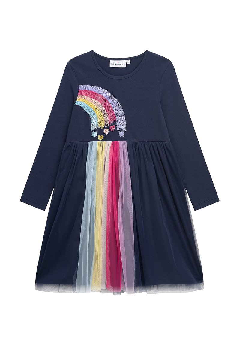 Langärmliges navy blaues Kleid mit einem Pailletten-Regenbogen-Design und einem gestuften Tüllrock in hellblauen, pinken, gelben und lila Farbtönen.