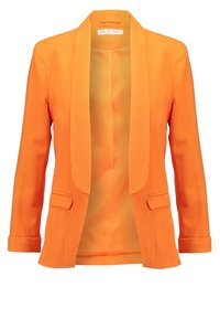 Bright orange women's blazer with shawl collar, open front, two flap pockets, and cuffed long sleeves.