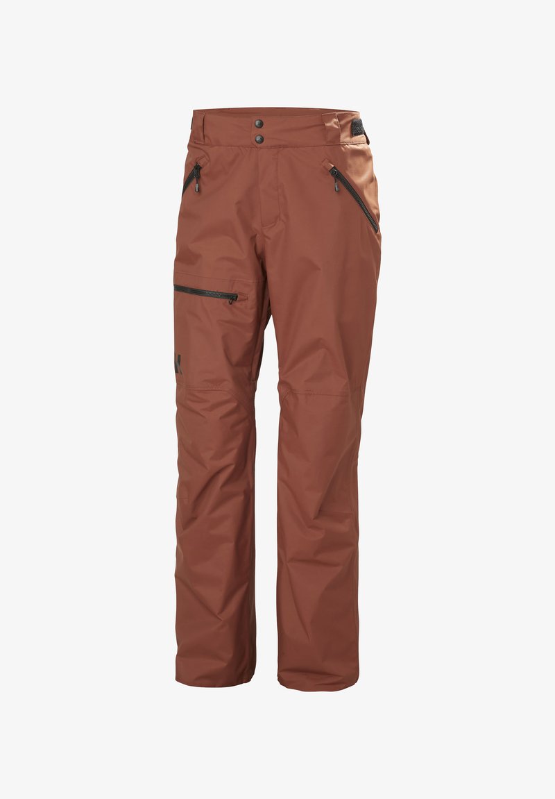 Bruine waterdichte broek met een rechte pasvorm. Kenmerken zijn onder andere twee met rits afgesloten zakken en een zijvak, gemaakt van stevig materiaal.