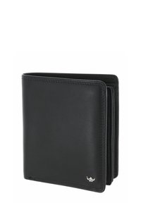 Portefeuille en cuir noir bi-pli avec coutures apparentes et petit logo argenté en bas à droite, présenté légèrement ouvert sur fond blanc.