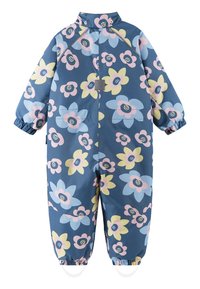 Mono impermeable con fondo azul y grandes patrones florales en amarillo, rosa y azul claro. Incluye puños elásticos y cuello alzado.