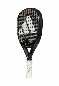 Black and white padel racket with a diamond pattern, textured hitting surface, circular holes, and a white grip with red dots.